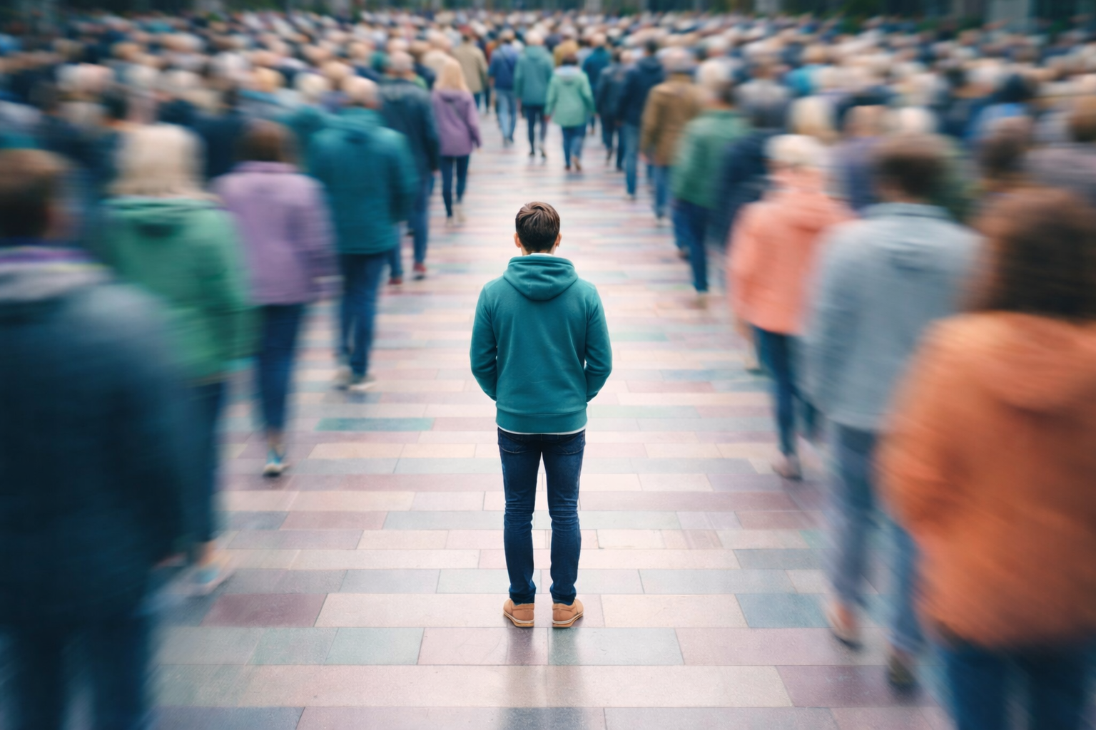 A person in a teal hoodie stands still facing away from the camera while a blurred crowd moves around them on a city walkway.