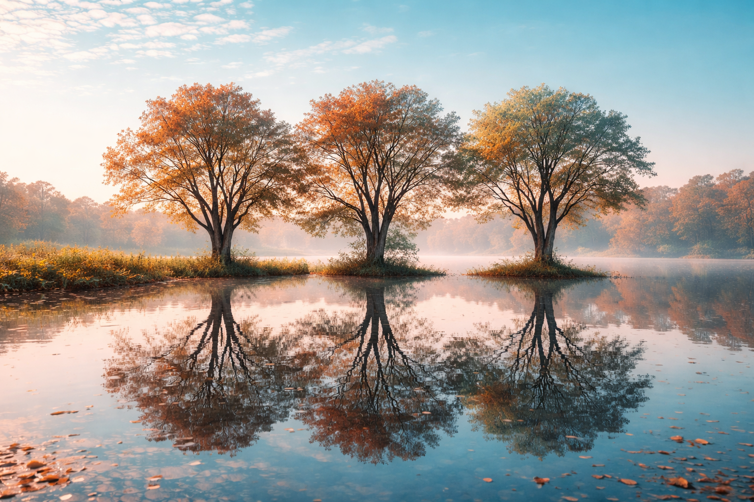 Three trees beside a calm lake with their reflections visible in the water under a teal and peach sky.